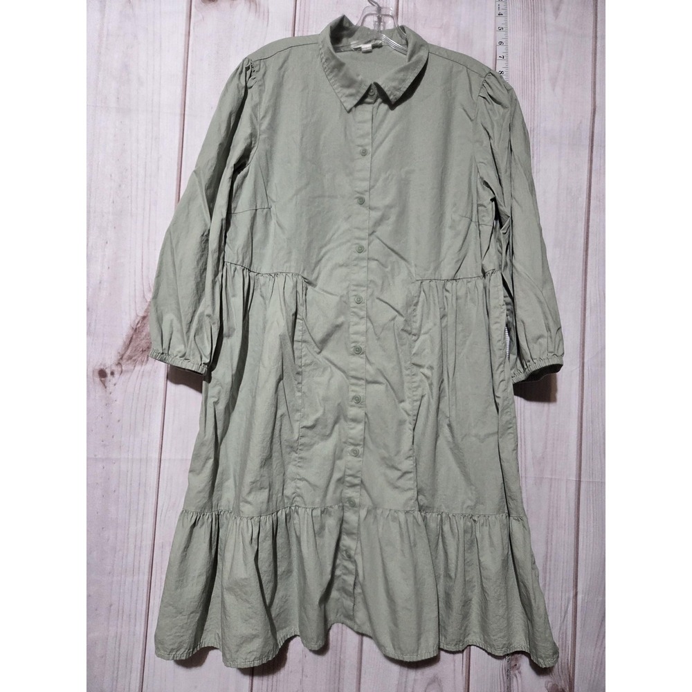 Beachlunchlounge Dress Womens Large Green Button Down Tiered Long Sleeve Cotton